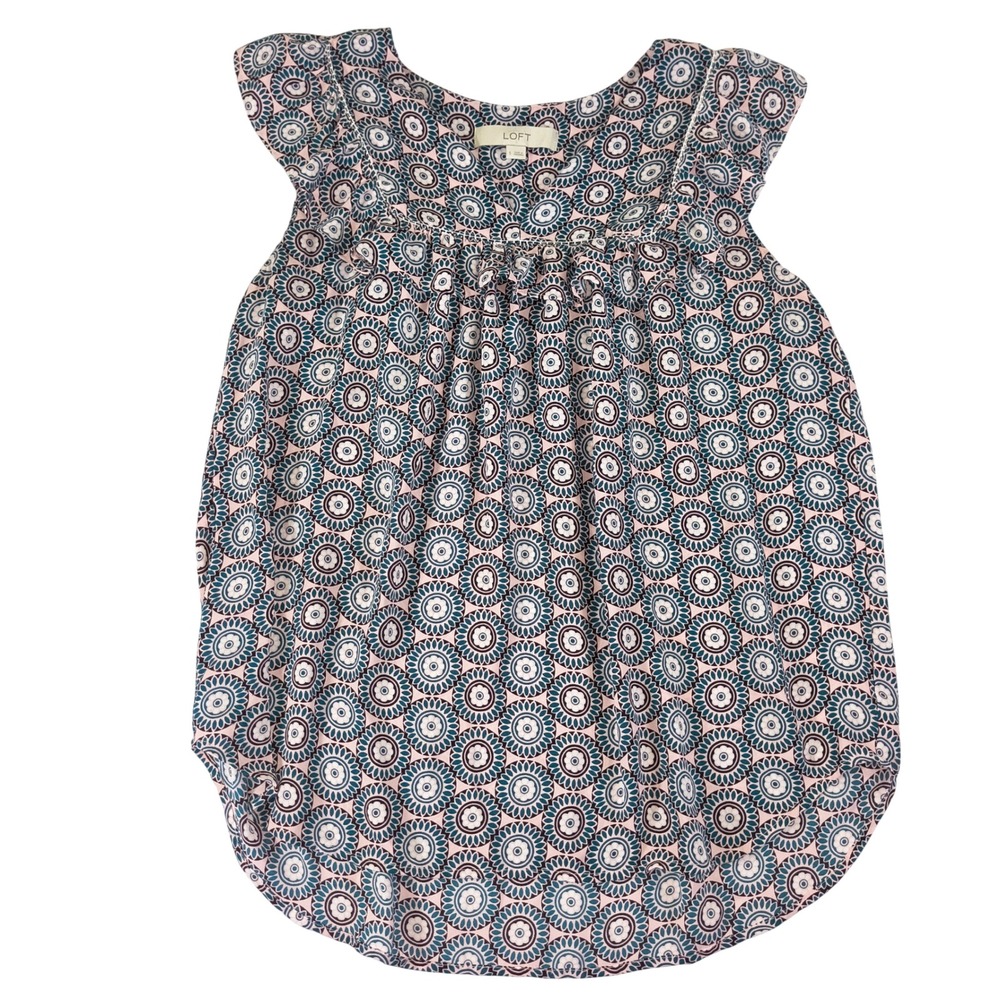 LOFT Womens Small Pink Teal Medallion Print Ruffle Neck Flutter Sleeve Blouse